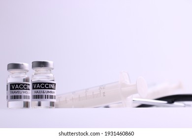 Coronavirus Vaccine. Sars-cov-2 COVID-19 For Travel And Hajj Umrah. Some Ampoules With Ncov-2019 Vaccine  With Medicine Medical Equipment