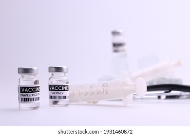 Coronavirus Vaccine. Sars-cov-2 COVID-19 For Travel And Hajj Umrah. Some Ampoules With Ncov-2019 Vaccine  With Medicine Medical Equipment