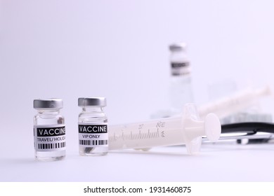 Coronavirus Vaccine. Sars-cov-2 COVID-19 For Travel And Hajj Umrah. Some Ampoules With Ncov-2019 Vaccine  With Medicine Medical Equipment