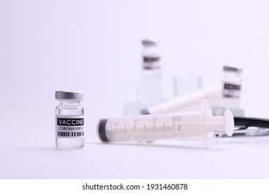 Coronavirus Vaccine. Sars-cov-2 COVID-19 For Travel And Hajj Umrah. Some Ampoules With Ncov-2019 Vaccine  With Medicine Medical Equipment