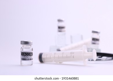 Coronavirus Vaccine. Sars-cov-2 COVID-19 For Travel And Hajj Umrah. Some Ampoules With Ncov-2019 Vaccine  With Medicine Medical Equipment