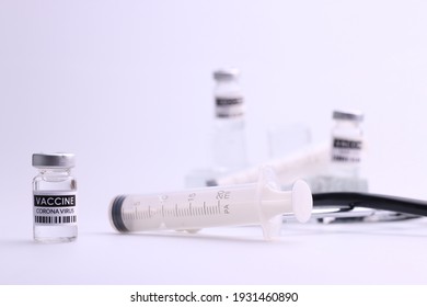 Coronavirus Vaccine. Sars-cov-2 COVID-19 For Travel And Hajj Umrah. Some Ampoules With Ncov-2019 Vaccine  With Medicine Medical Equipment