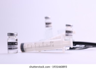 Coronavirus Vaccine. Sars-cov-2 COVID-19 For Travel And Hajj Umrah. Some Ampoules With Ncov-2019 Vaccine  With Medicine Medical Equipment