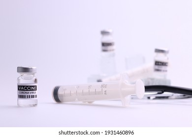 Coronavirus Vaccine. Sars-cov-2 COVID-19 For Travel And Hajj Umrah. Some Ampoules With Ncov-2019 Vaccine  With Medicine Medical Equipment