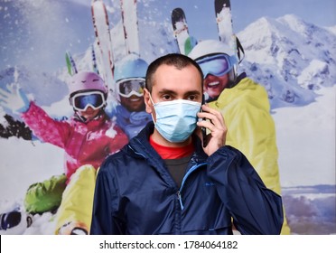 Coronavirus In Winter. Skiing With Face Mask. Cracow, Poland - 07.26.2020: Waiting For Winter Vacation In Pandemia. Portrait Of Caucasian Young Man With Face Mask. Winter Is Coming In New Reality. 