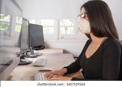 Coronavirus. Woman At The Office Sick With Mask For Corona Virus. Business Women Wear Masks To Protect And Take Care Of Their Health. Home Working With Computer. Working From Home. 