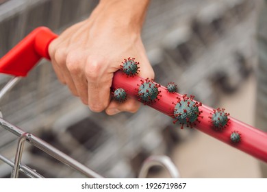 Coronaviruses Covid-19 On A Trolley Handle In A Supermarket, During The Pandemic Of Coronavirus