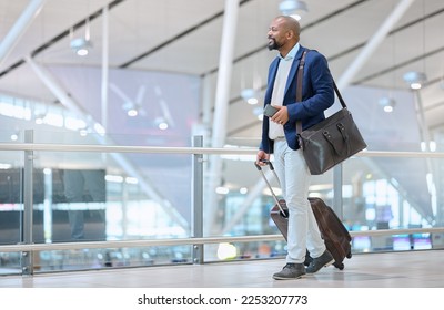 Corporate, black man in airport and travel for conference, workshop and ceo with happiness and tourism. Nigerian male, entrepreneur and leader commute, abroad destination and employee with luggage - Powered by Shutterstock