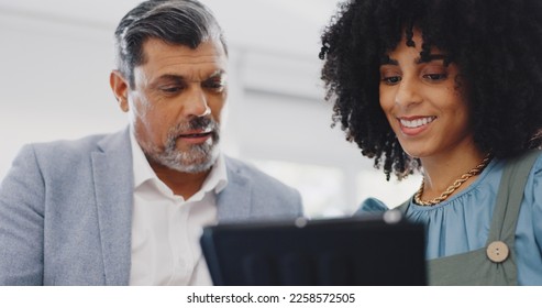 Corporate black woman, businessman or tablet for planning, schedule or analytics in office for teamwork. Woman, senior man and digital tech for social media marketing, strategy or focus in New York - Powered by Shutterstock