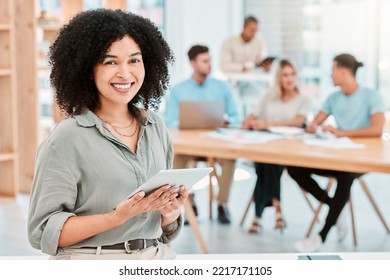 Corporate, Black Woman And Portrait With Tablet For Schedule Management Or Admin Online In Office. Smile Of Insurance Worker Girl In Company Workspace With Wireless Tech For Business Planning.