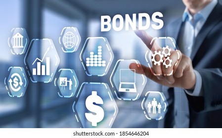Corporate Bonds concept. Man presses his finger on the inscription Bonds.