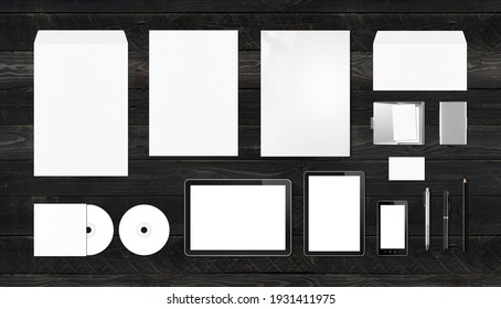 Corporate branding mockup template, isolated on black wood background