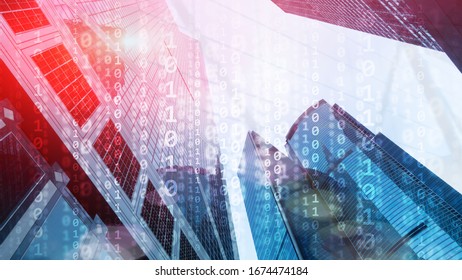Corporate Business Concept. Binary Code on Moderns City Bulidings.