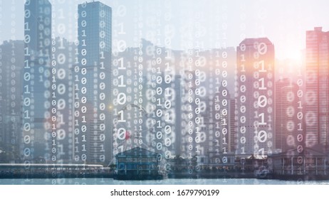 Corporate Business Concept. Binary Code on Moderns City Bulidings.