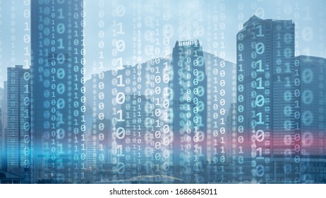 Corporate Business Concept. Binary Code on Moderns City Bulidings.