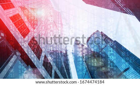 Corporate Business Concept. Binary Code on Moderns City Bulidings.