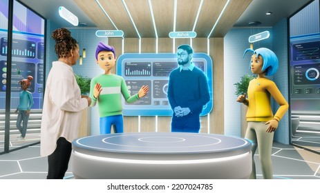 Corporate Business Meeting in Virtual Reality Office. Real Female Manager Standing Next to Two Avatars of Colleagues, and a Hologram of Another Specialist. Futuristic Metaverse Concept. - Powered by Shutterstock