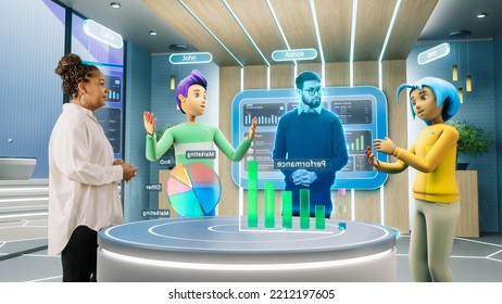 Corporate Business Meeting in Virtual Reality Office Space. Real Female Manager Standing Next to Two Avatars of Colleagues, and a Hologram of Another Specialist. Metaverse Usage Concept. - Shutterstock ID 2212197605