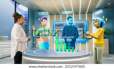 Corporate Business Meeting in Virtual Reality Office Space. Real Female Manager Standing Next to Two Avatars of Colleagues, and a Hologram of Another Specialist. Metaverse Usage Concept.