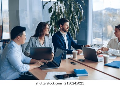 Corporate Business Team And Manager In A Meeting Room At Modern Office With Panoramic Windows. Business Concept