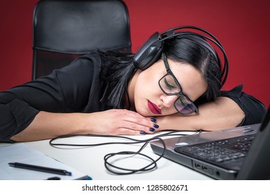 Corporate Business Woman Fallen Asleep Listening To A Self Hypnosis Mp3 Track