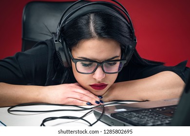 Corporate Business Woman Fallen Asleep Listening To A Self Hypnosis Mp3 Track