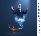 Corporate businessman genie coming out from a magic lamp, he is snapping fingers and fulfilling your wishes