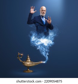 Corporate businessman genie coming out from a magic lamp, he is putting a spell on you - Shutterstock ID 2209054875