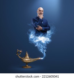 Corporate businessman genie coming out from a magic lamp, he is thinking with hand on chin - Shutterstock ID 2212605041