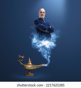 Corporate businessman genie coming out from a magic lamp, he is posing with crossed arms - Shutterstock ID 2217625285