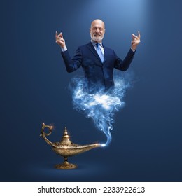 Corporate businessman genie coming out from a magic lamp, he is snapping fingers and fulfilling your wishes - Shutterstock ID 2233922613