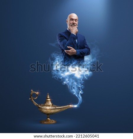 Corporate businessman genie coming out from a magic lamp, he is thinking with hand on chin Stok fotoğraf © 