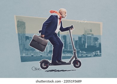 Corporate Businessman Riding A Fast Eco-friendly Electric Scooter, Vintage Poster Design With City In The Background