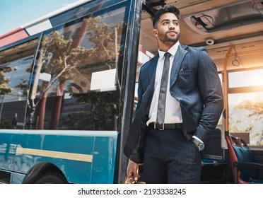 Corporate Businessman Travel In A City On A Bus To Work In A Suit Thinking Of Goals And Professional Career. Confident, Young And Indian Worker Or Startup Entrepreneur On Daily Urban Commute