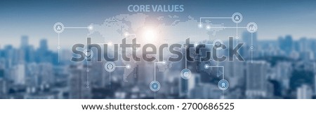 Corporate core values and global network connection, ethical principles, leadership culture, teamwork collaboration, brand integrity, and organizational vision.