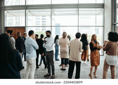 Corporate crowd showcasing teamwork and networking during a business event in a contemporary office setting. Professional and collaborative atmosphere.