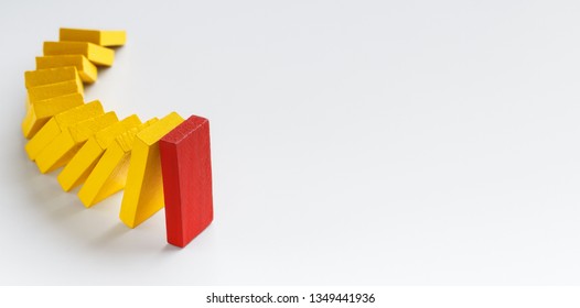 Corporate Culture And Discipline At Work. Yellow Wooden Blocks Following Red Leading One In Falling Chain On White Background, Panorama, Copy Space