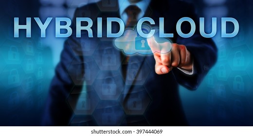 Corporate Customer Is Pressing HYBRID CLOUD On A Touch Screen Interface. Business Metaphor And Information Technology Concept For Grounding Enterprise IT Partly In The Cloud And Partly On Premise.