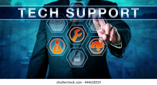 Corporate Customer Is Pushing TECH SUPPORT On An Interactive Virtual Touch Screen Interface. Business Metaphor Involving Help Desk, Remote Desktop, Outsourcing And Customer Experience Management.
