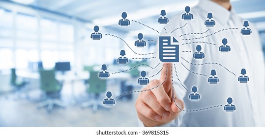 Corporate data management system (DMS) and document management system concept. Businessman publish document connected with corporate users with notebooks and access rights, office in background. - Shutterstock ID 369815315