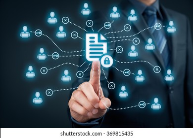 Corporate data management system (DMS) and document management system with privacy theme concept. Businessman publish protected document connected with users, access rights symbolized by key.