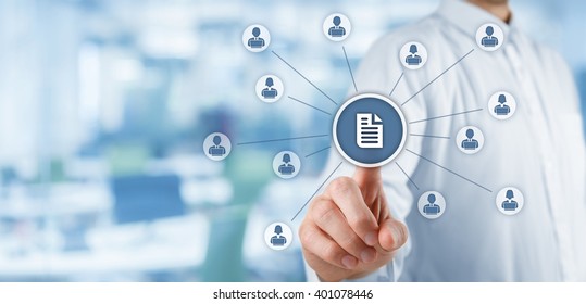 Corporate data management system (DMS) and document management system concept. Businessman publish document connected with corporate users with notebooks and access rights, office in background. - Shutterstock ID 401078446