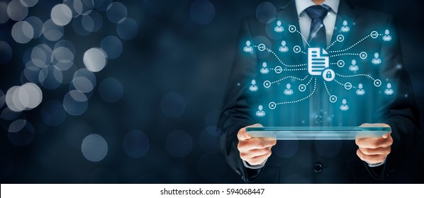 Corporate Data Management System (DMS) And Document Management System With Privacy Theme Concept. Programmer With Scheme With Protected Document Connected With Users, Access Rights Symbolized By Key.