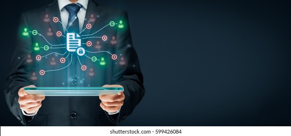 Corporate Data Management System (DMS) With Privacy Theme Concept. Businessman Or Programmer With Tablet And Scheme With Protected Document Connected With Users, Access Rights Symbolized By Key.