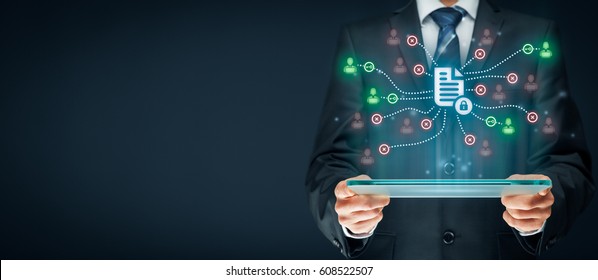 Corporate data management system (DMS) and document management system with privacy theme concept. Businessman with tablet and scheme with protected document, access rights symbolized by key.