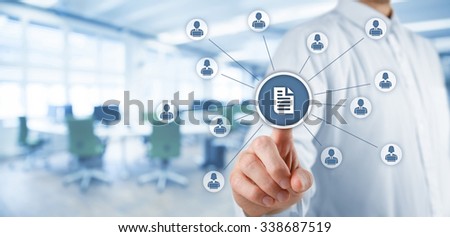 Corporate data management system (DMS) and document management system concept. Businessman click (or publish) on document connected with users working on notebooks. Wide banner, office in background.