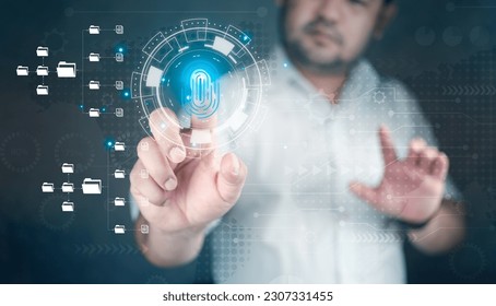 Corporate data management system and document management system with privacy theme concept. Programmer with scheme with protected document connected with users, access rights symbolized by fingerprint