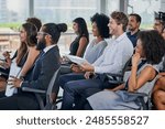 Corporate, development and seminar with business people in conference room for learning or training. Education, event or workshop with man and woman employee group in audience or crowd at office