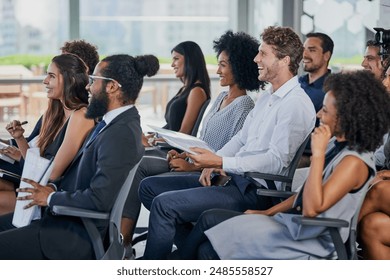 Corporate, development and seminar with business people in conference room for learning or training. Education, event or workshop with man and woman employee group in audience or crowd at office