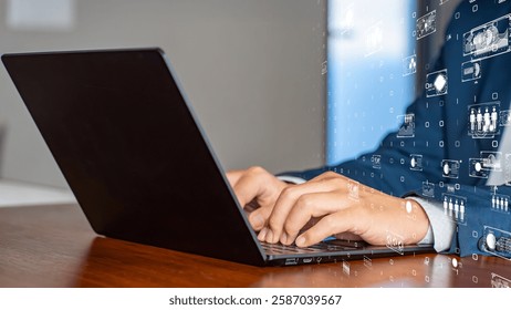 Corporate digital transformation, business executive using a laptop with futuristic data interface